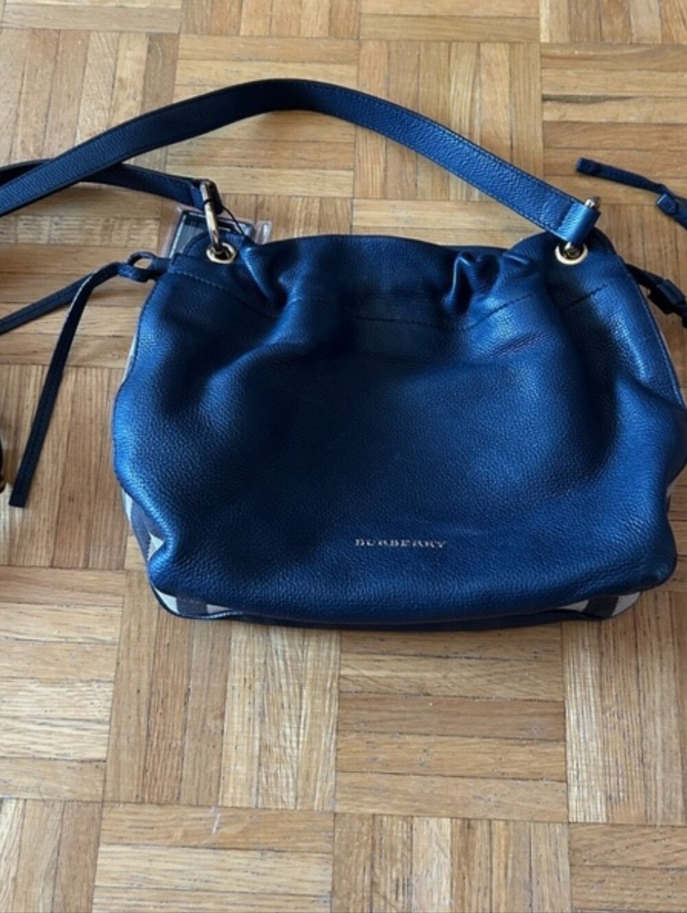 Burberry Navy Blue  Pebbled Leather Drawstring Shoulder Bag with Check Trim